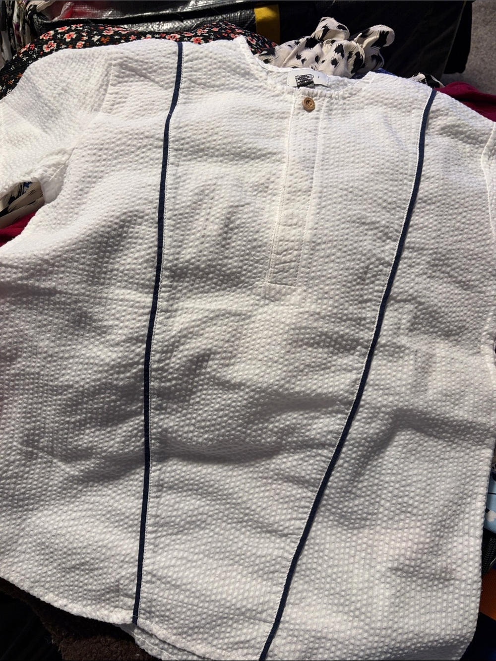 Kids White Button-Front Textured Shirt with Navy Trim